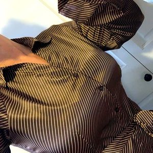 Antilia Femme Charmeuse Blouse cocoa w/vanilla pinstripe, stretch, ties at waist